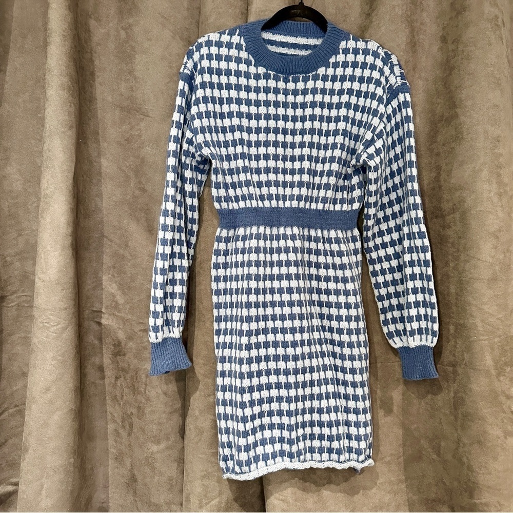 MODA ME COUTURE Sweater Dress Polyester Houndstooth Quiet Luxury L Blue - Picture 7 of 10